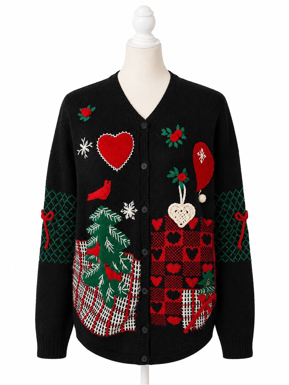 Vintage Susan Bristol Christmas Cardigan Sweater Medium Hand Embroidered Holiday